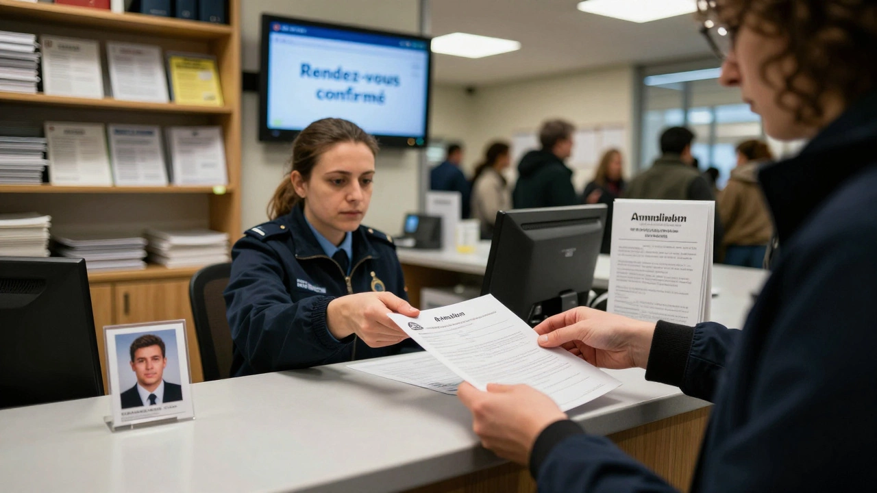 Resident submitting paperwork to a clerk in a busy municipal office with digital appointment screen visible.