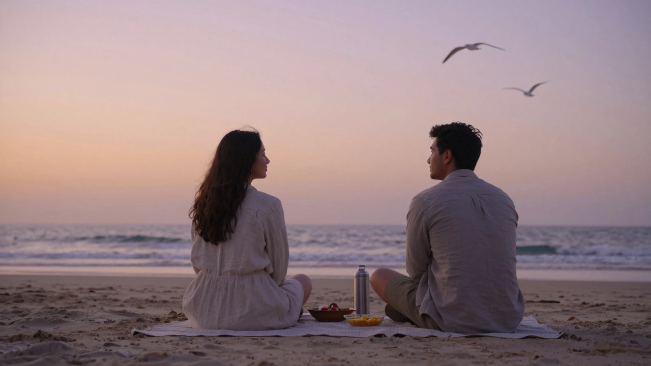 Two people watch the sunset on Jumeirah Beach, sharing snacks in quiet, respectful connection.